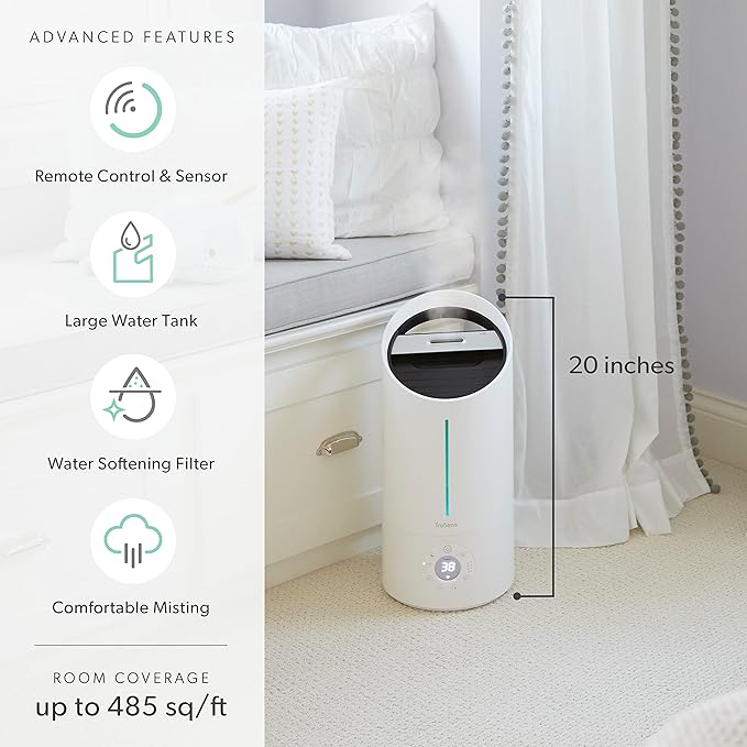 TruSens Clean Mist Ultrasonic Humidifier, Large 5L Tank, Humidity Sensor, Cool Mist, Water Softening Filter, Essential Oil Tray, Auto Mode, Night Mode, Portable Handle - Image 2