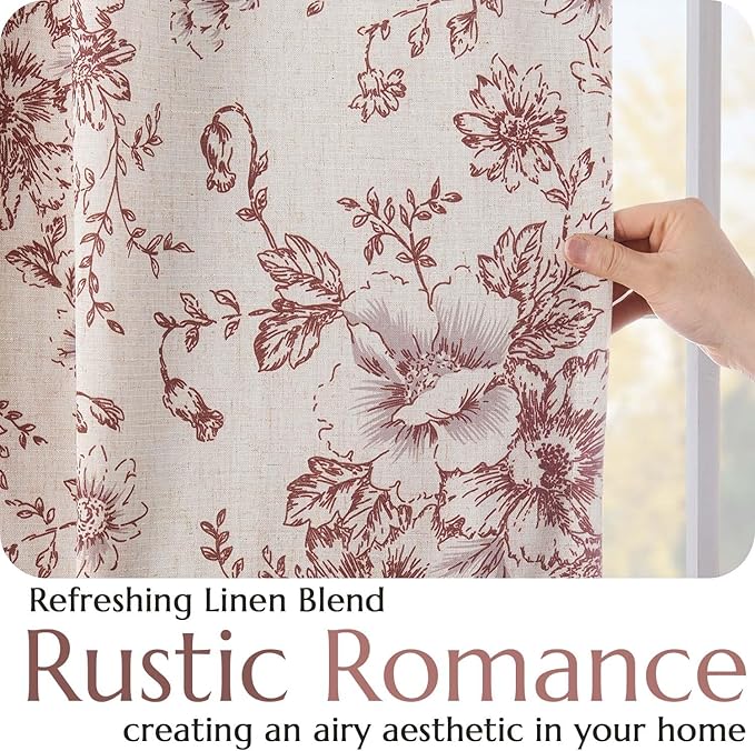 jinchan Blackout Floral Curtains Linen Blend Curtain for Living Room 90 Inch Length Farmhouse Brick Red Flower Printed Drapes for Bedroom Rod Pocket Back Tab Curtains Set 2 Panels - Image 5