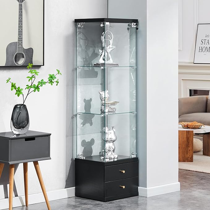 Yoluckea 3 Shelves Glass Display Cabinet with 2 Soft-Close Storage Drawers, Curio Collection Glass Display Case with Door & Lock, Floor Standing Bookshelf Corner Cabinet for Book Toys Glory (Black) by Yoluckea