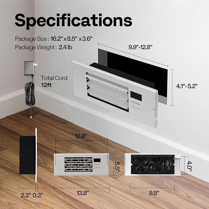 VIVOHOME 4'' x 12'' Opening Register Booster Fan with Adjustable Wind Direction Louver, Smart Intelligent Thermostat & 10-Speed Remote Control - 13.8" x 5.5" Vent Cover for Room, Floor, Wall - White - Image 2