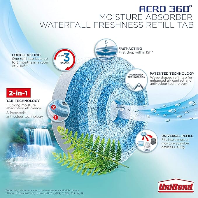 UniBond AERO 360° Moisture Absorber Waterfall Freshness Refill Tab, Aromatherapy, Ultra-Absorbent and Odour-Neutralising, for AERO 360° Dehumidifier, Condensation Absorbers, Twin Pack (2 x 450g) - Image 4
