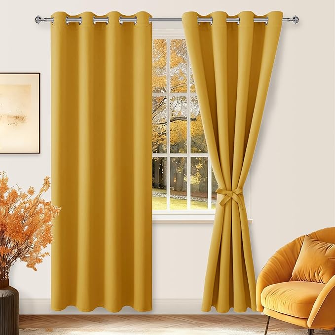 Hiasan Blackout Curtains for Bedroom, 52 x 84 Inches Long - Thermal Insulated & Light Blocking Window Curtains for Living Room, 2 Drape Panels Sewn with Tiebacks, Mustard Yellow - Image 2