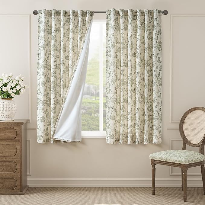 jinchan Lined Linen Floral Curtains for Living Room, 63 Inch Length Printed Flower Farmhouse Patterned French Country Back Tab Green Window Drapes Set Privacy Bedroom Curtains, 2 Panels by JINCHAN
