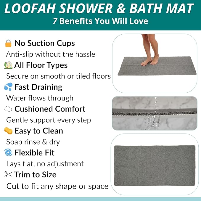 Anti Slip Shower Mat - Non Slip Shower Mats for Inside Shower - Large 47x24 Loofah Shower Floor Mat Non Slip - Bath Mat for Shower - Secure Mat Without Suction Cups (47x24 Gray) - Image 4
