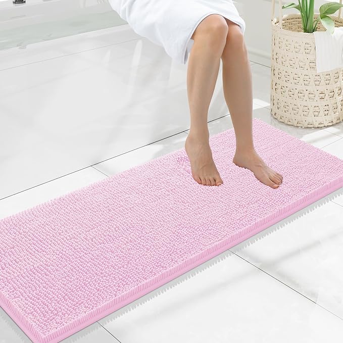 Smiry Luxury Chenille Bathroom Rugs 47x17, Extra Soft and Absorbent Shaggy Bath Mat, Machine Washable, Non-Slip Plush Carpet Runner for Tub, Shower, and Floor, Home Decor Accessories, Pink by Smiry