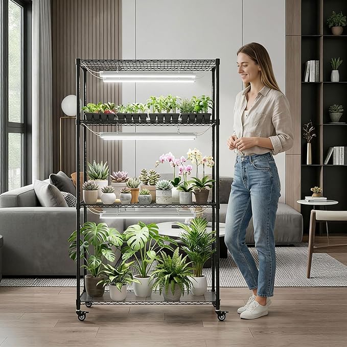 Plant Stand with Grow Lights, 4-Tier Plant Shelf, 6 Sets 3-Color LED Grow Light with Timer, Wide Plant Rack for Indoor Gardening, Seed Starting, Herbs & Flowers, 36" W x 14" D x 63" H - Image 9