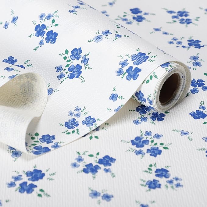 RAY STAR Shelf Liner, Non Adhesive Blue Floral Kitchen Cabinet Liner for Pantry Drawer Vanity, Strong Grip Non Slip Waterproof, Shelf Liners for Kitchen Cabinets Cupboard 18 Inch x 8 FT (5 Rolls) by RAYSTAR