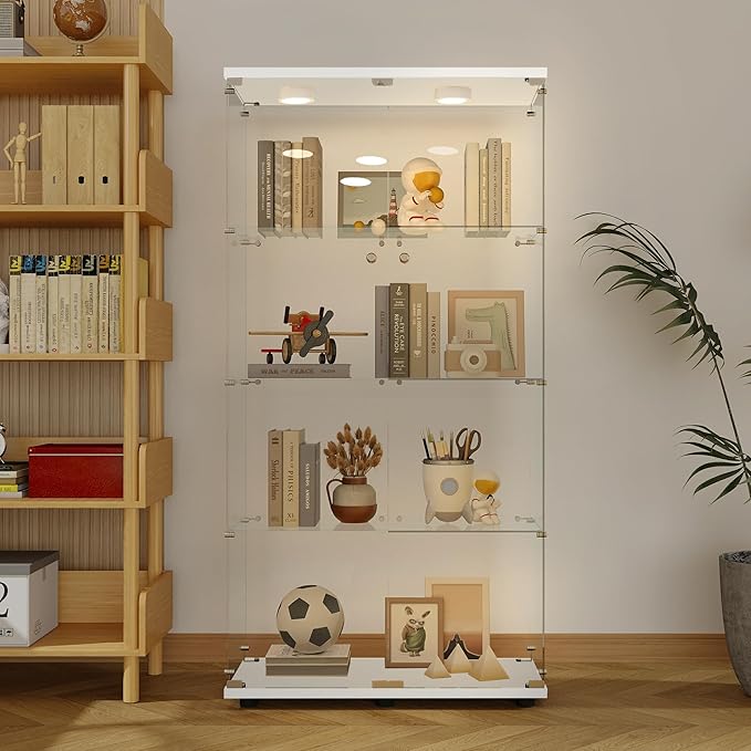 Yoluckea 4-Tier Glass Display Cabinet with Paipai Light, 2-Door Floor Standing Curio Cabinet with Adjustable Floor Feet for Home Office Corner Display, White Glass Bookshelf for Collections and Decor - Image 7