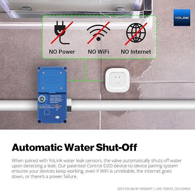 NSF Certified YoLink Leak Protection Kit, 3/4" Battery-Powered Shutoff Valve w/ Controller + 3 Leak Sensors + Hub, D2D Offline Auto Shutoff, LoRa Long-Range, App/Email/SMS Alerts, 10+ Year Battery - Image 4