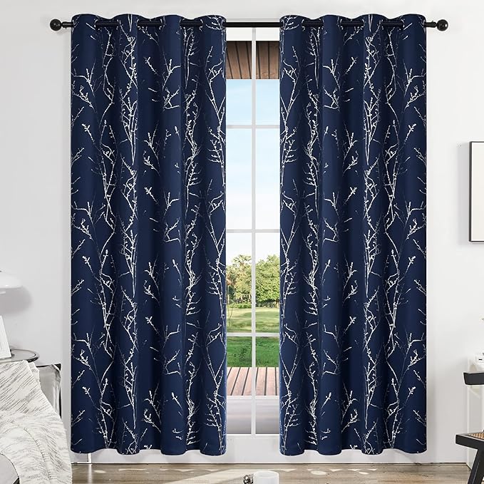 Deconovo Blackout Curtains, Navy Blue Curtain, Thermal Insulated Soundproof Drapes, Branch Silver Print, 52 x 108 Inch Long, Machine Washable Grommet Panels for Sliding Door Bedroom Home, Set of 2 - Image 2