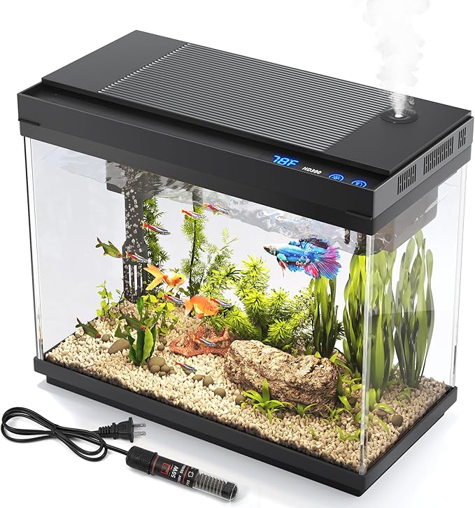 Fish Tank 2.4 Gallon Aquarium with Heater, 3-in-1 Silent Pump with Filteration & Oxygenation & Circulation, 7-Color Timer Cycle Light, Temperature Display, Humidifier, HD Glass Fish Bowl by VEHIPA