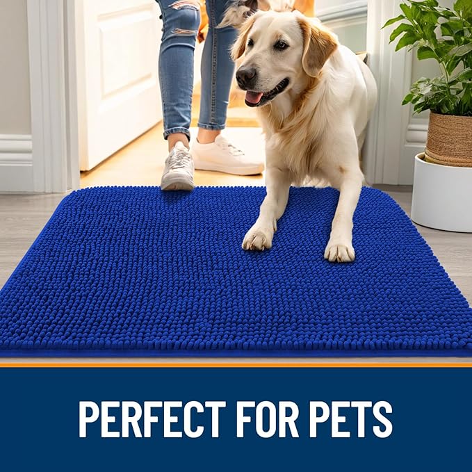 OLANLY Dog Door Mat for Muddy Paws 47x20, Absorbs Moisture and Dirt, Absorbent Non-Slip Washable Doormat, Quick Dry Chenille Mud Mat for Dogs, Entry Indoor Entryway Carpet for Inside Floor, Royal Blue - Image 6