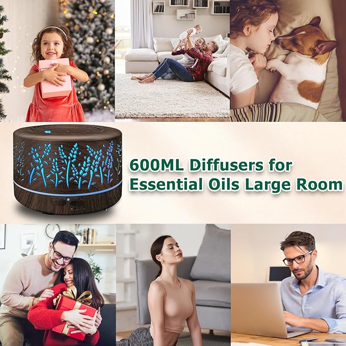 Diffusers for Essential Oils Large Room,600ml Essential Oil Diffusers for Home,Waterless Auto Off 7 Colors Changed 3 Mist Modes,Cool Mist Humidifiers for House Bedroom Decor,Gifts,Dark Wood - Image 6