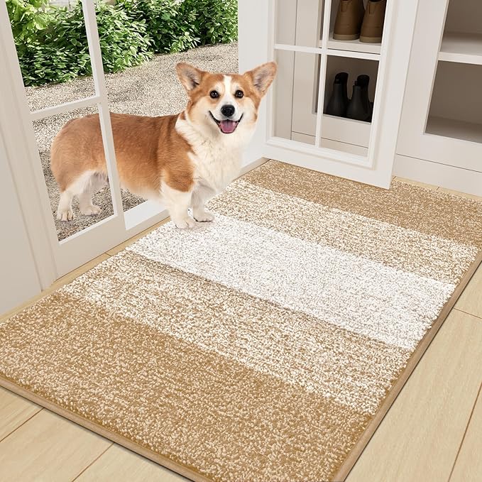Smiry Dog Door Mat for Muddy Paws, Absorbs Moisture and Dirt, Low-Profile Entryway Mat with Non-Slip Backing, Entry Indoor Outdoor Doormat for Inside Floor (36x24 Inches, Beige, Striped) by Smiry