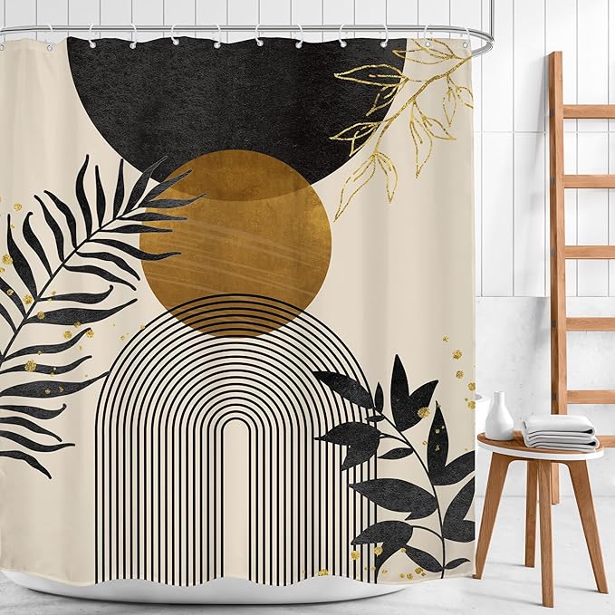 Black Boho Shower Curtain 60Wx72H Modern Bohemian Abstract Brown Tan Mid Century Gold Leaves Plant Botanical Arch Bathroom Decor Minimalist Geometric Bath Curtain Fabric Polyester 12 Pack Hooks - Image 2