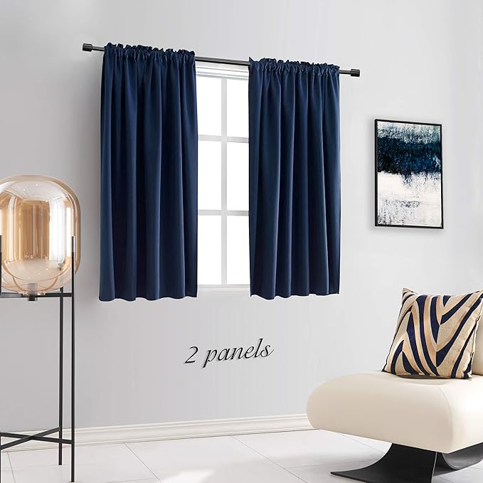 DONREN Navy Blue Blackout Curtain Panels for Small Window - Thermal Insulated Room Darkening Rod Pocket Curtains for Bedroom (42 by 45 Inch,2 Panels) - Image 2