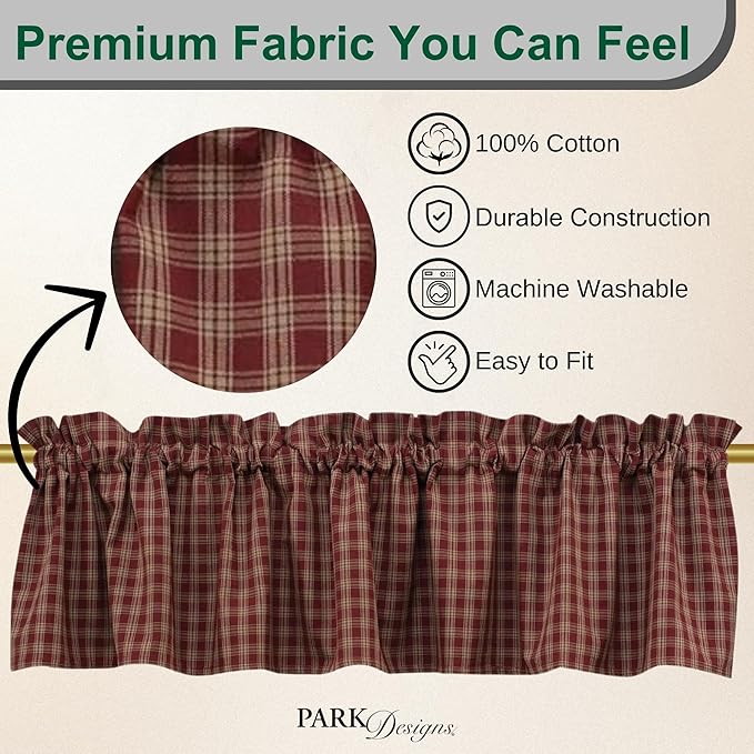 Park Designs Farmhouse Kitchen Valances for Windows - Sturbridge Red | Fall Decor Window Valance Curtains | Plaid Curtain Valances for Windows | Ideal for BOHO Living Rooms & Bathrooms | 72" x 14" - Image 2