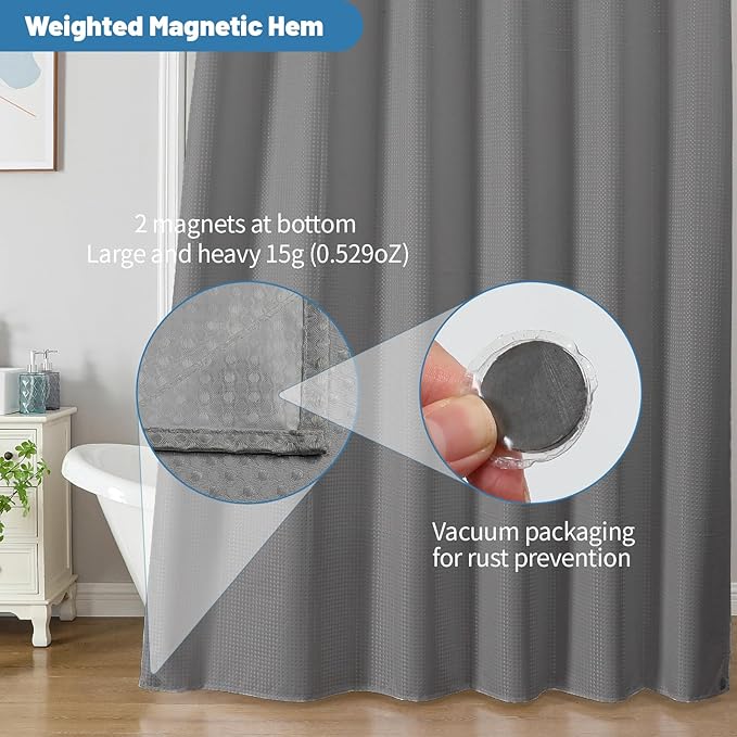 2-in-1 Waterproof Fabric Shower Curtain - No Separate Liner Needed, Hotel-Style Waffle Weave, Effortless Cleaning & Washable Bathroom Shower Curtain Set,72Wx84H,Grey - Image 6