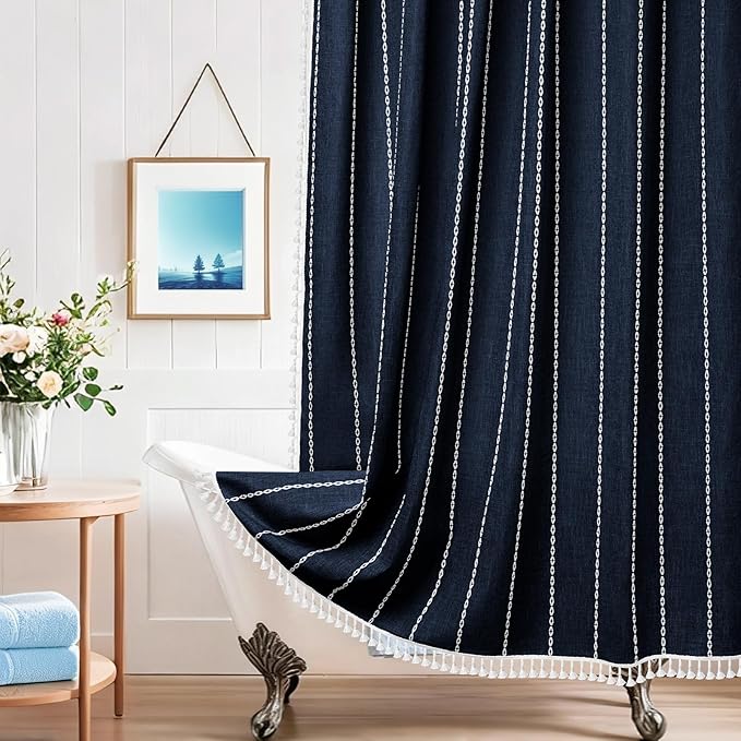 72 x 76 inch Extra Long Boho Chic Shower Curtain Heavyweight with Tassels, Navy Linen Textured Fabric Farmhouse Shower Curtain, Elegant White Striped Bathroom Curtain Water Repellent by Seenus