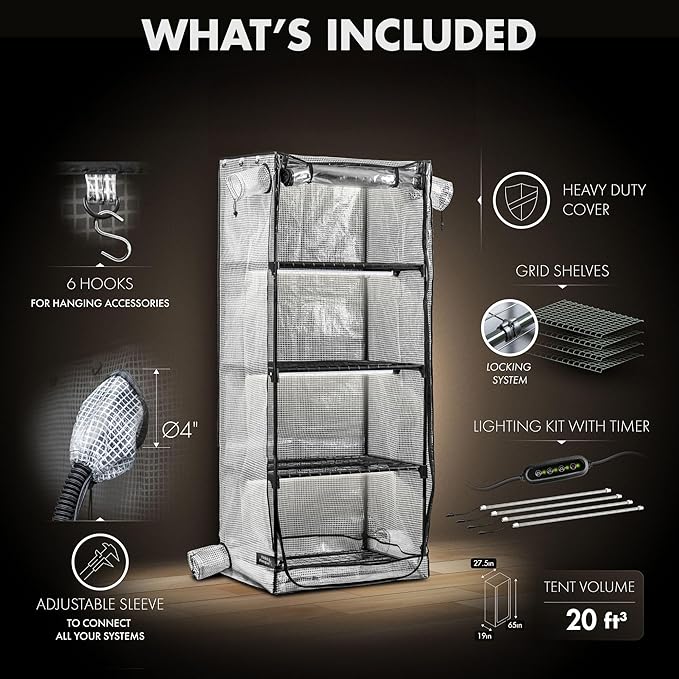 Mushroom Grow Tent with Light and Timer, 65" x 27.5" x 20" & 6500k LED, Indoor Greenhouse with Grow Light, Martha Tent for Mushroom, mini Greenhouse, 4" Vents to Insert Accessories, fits monotub - Image 6