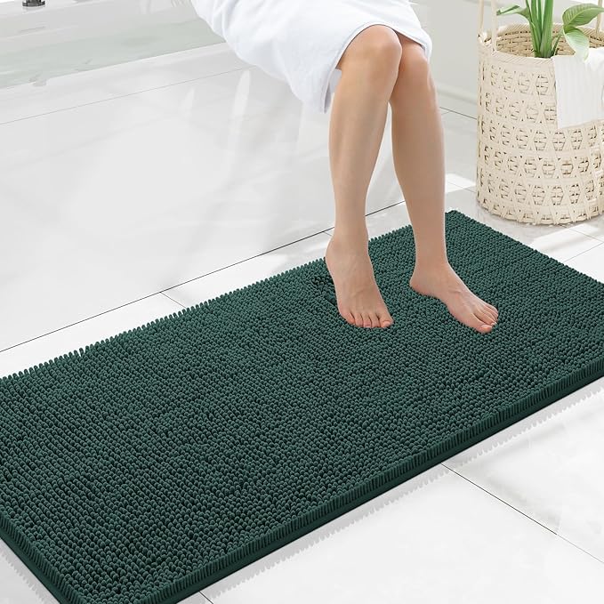 Smiry Luxury Chenille Bathroom Rugs 47x20, Extra Soft and Absorbent Shaggy Bath Mat, Machine Washable, Non-Slip Plush Carpet Runner for Tub, Shower, and Floor, Home Decor Accessories, Green by Smiry