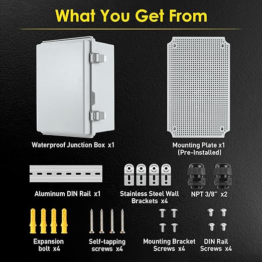 Waterproof Electrical Junction Box, IP67 ABS Plastic Junction Box Enclosure with Aluminum DIN Rail, Mounting Plate, Wall Brackets for WiFi Electronics Project, Grey (16.1''×12.2''×7.1'') - Image 5