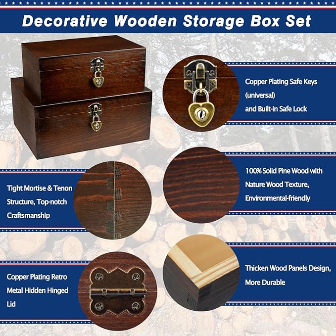 Wood Keepsake Boxes with Lock and Keys Handcrafted Decorative Wooden Storage Case Cabinet Container Hinged Lid Country Rustic Style Organizer for Trinkets Gift Card Collection Coffee Color 2 Pack - Image 4