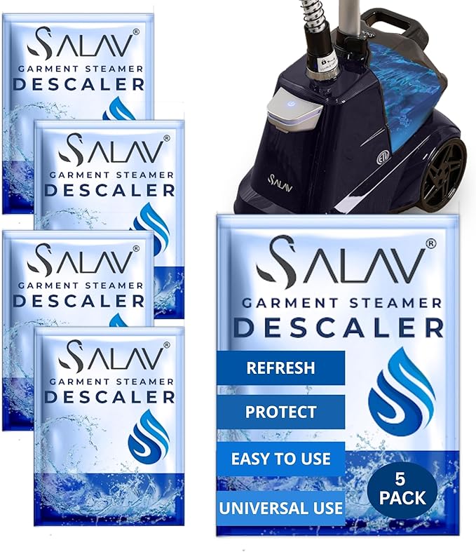 SALAV Garment Steamer Descaling Solution Decalcifier Packets for Mineral Deposits and Build-up Removal, Maintenance for Clothes, Works with all Garment Steamer Brands, Cleans Build Up, 5 packs by SALAV