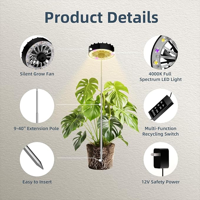 Grow Lights for Indoor Plants,Clip on Full Spectrum Led Plant Grow Light with Integrated Circulating Fan, Timer and Dimmable (Black Ajustable, 1 Pack) - Image 2