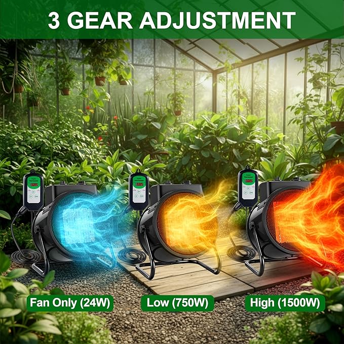 Greenhouse Heater with Thermostat & Hygrometer, 1500W/750W/24W Plant Heater Fan, Adjustable Temperature 40°F-108°F Patio Heaters for Outdoor Use Tents Winter Grow Garage Indoor(Black,2 Pack) - Image 2