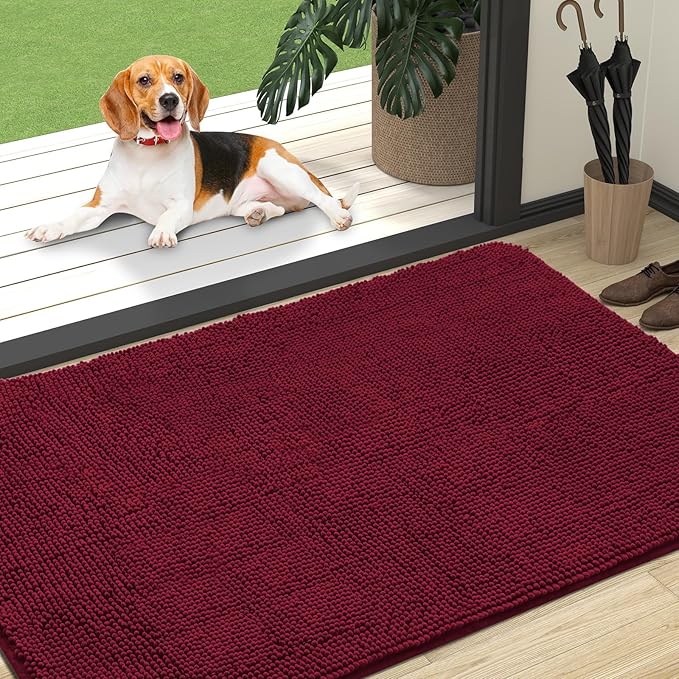 OLANLY Dog Door Mat for Muddy Paws 47x32, Absorbs Moisture and Dirt, Absorbent Non-Slip Washable Doormat, Quick Dry Chenille Mud Mat for Dogs, Entry Indoor Entryway Carpet for Inside Floor, Burgundy by OLANLY
