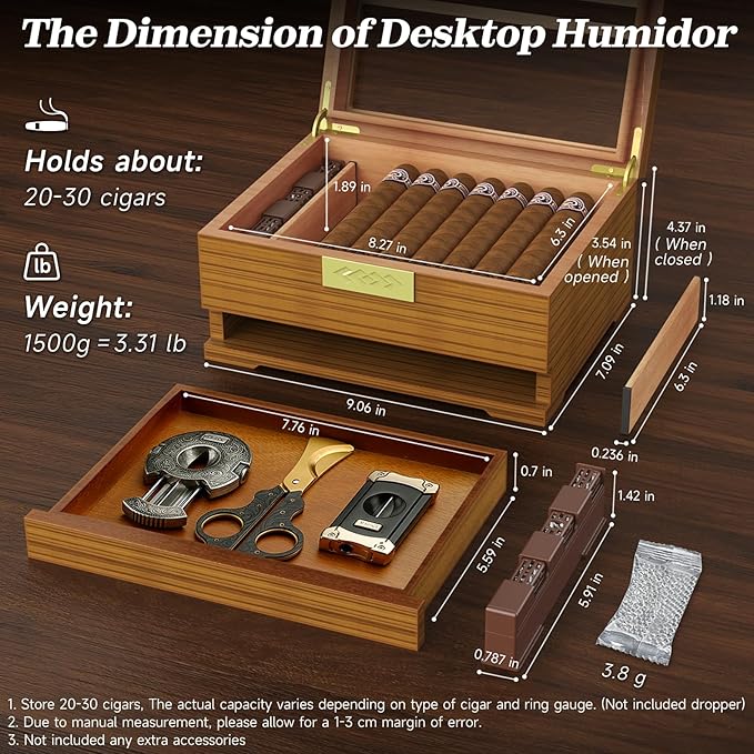 TISFA Cigar Box Handcrafted Humidor with Hygrometer and Humidifier, Cedar Wooden Humidor Case with Drawer, Divider, Cigar Length Gauge, Desktop Humidor Box Gifts Cigar Accessories (Light) - Image 2