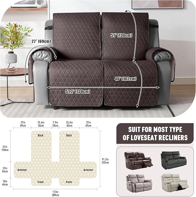 TAOCOCO 100% Waterproof Recliner Cover, Non-Slip Washable Reclining Couch Cover with Elastic Leg Straps, Furniture Protector for Dogs (Chocolate, 2 Seater) - Image 3