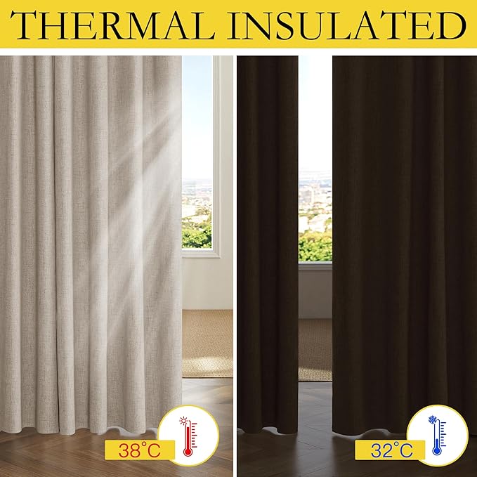 NICETOWN Oatmeal Vintage Open Linen Weave Flax Thermal Curtains, 100% Blackout Curtains 102" Long for Dining Room, Soundproof Window Treatment Drapes for Home Office, 62" Wide Per Panel, Set of 2 - Image 4