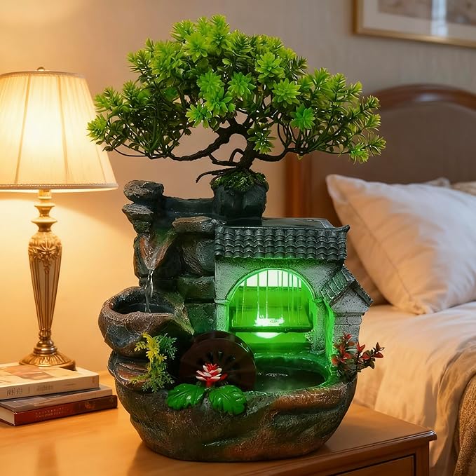 11" Desktop Fountain Rock Waterfall Humidifier with Artificial Tree &LED Light, Tabletop Water Fountains Indoor Fake Plant Bonsai Tree Feng Shui Decoration for Aquariums Office Bedroom Home Décor - Image 9