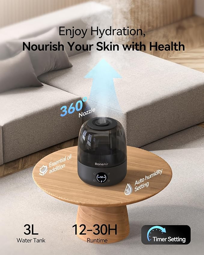 Humidifiers for Bedroom Large Room Home, 3L Cool Mist Humidifiers for Baby Nursery & Plants, Ultrasonic, Oil Diffuser, Timer, Auto Shut-Off, 360° Nozzle, 26dB Quiet, Automatic Mode - Image 2