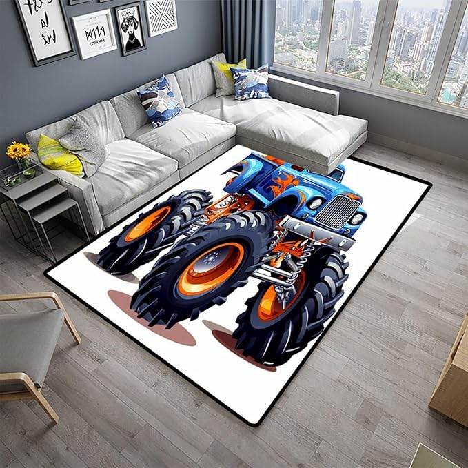 Area Rug - Cartoon Monster Truck Printing Patterns Reversible Area Rugs Fade Resistant, Flame Resistant, Quick Dry, Stain Resistant, Waterproof Floor Carpet for Living Room Bedroom, 72 x 108 Inch - Image 2