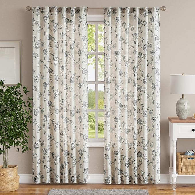 jinchan Linen Curtains Floral Curtain 84 Inch Length for Living Room Bedroom Light Filtering Rod Pocket Back Tab Jacobean Curtains Flax Linen Texture Window Drapes Set 2 Panels Black on Linen - Image 2