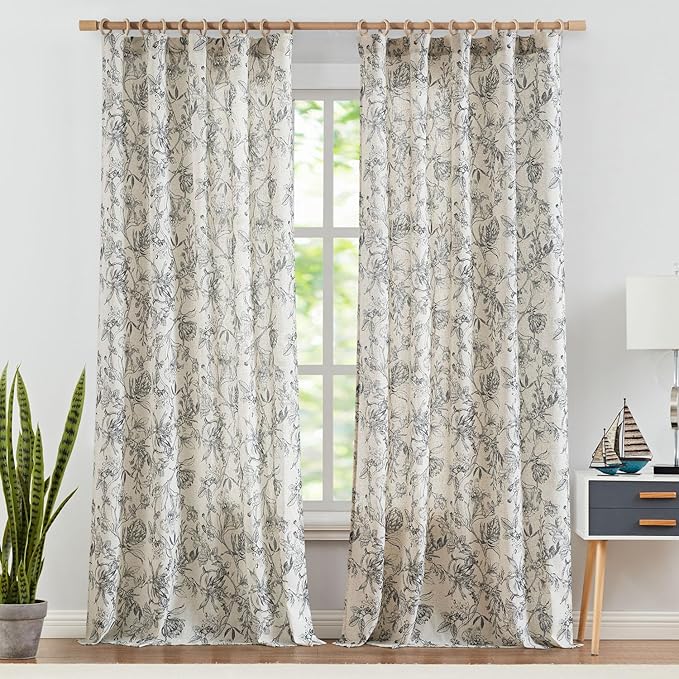jinchan Floral Curtains 108 Inch Length Black Flower Linen Farmhouse Curtain for Living Room French Country Vintage Curtain Rod Pocket Curtains Set 2 Panels Balck Floral Printed - Image 2