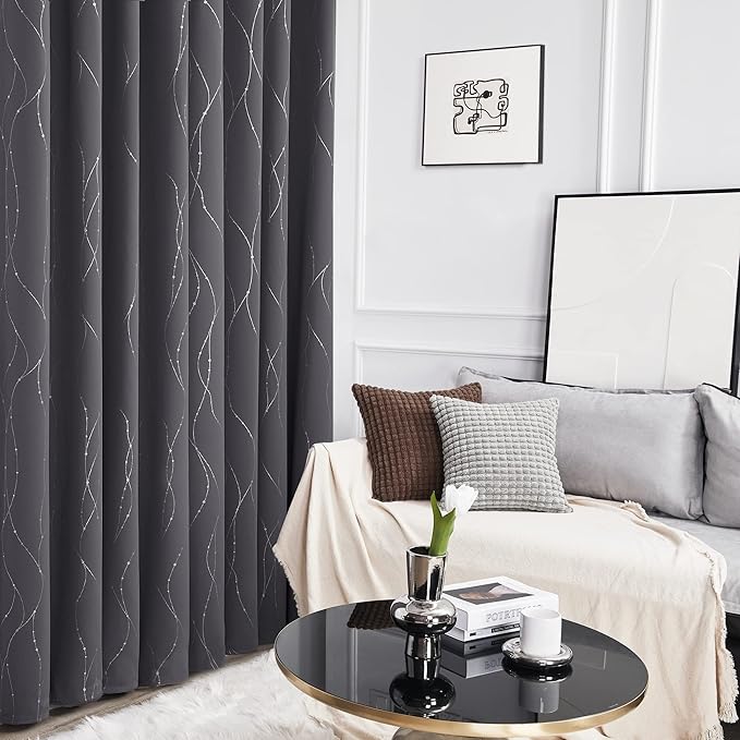 Deconovo Grey Blackout Curtains for Living Room, Thermal Insulated Soundproof Drapes, Wave Dots Foil Print, 52 x 95 Inches Long, 2 Panels, Machine‑Washable Window Panel for Bedroom Nursery Office - Image 6