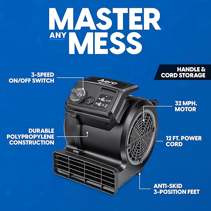 Vacmaster AM201R 3 Speed Floor Fan, 156W 550 CFM Air Mover, Utility Blower Fan, Carpet Dryer for Drying, Cooling & Circulation - Image 8