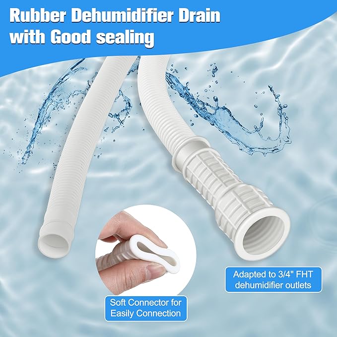 Saillong Patent Pending Dehumidifier Drain Hose, 13FT, 3/4 Inch FHT, with Cuttable Rubber Adapter and Connect Clamp, Flexible Universal Drain Hose for Most Dehumidifier Air Conditioner Brands(White) - Image 3