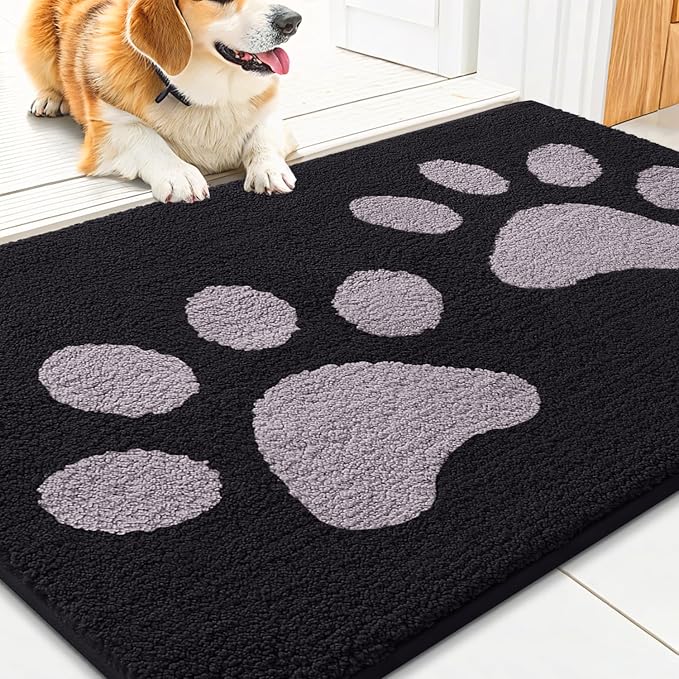 Smiry Dog Door Mat for Muddy Paws, Absorbs Moisture and Dirt, Low-Profile Entryway Mat with Non-Slip Backing, Entry Indoor Outdoor Doormat for Inside Floor (30x20 Inches, Black and Grey, Paw) by Smiry