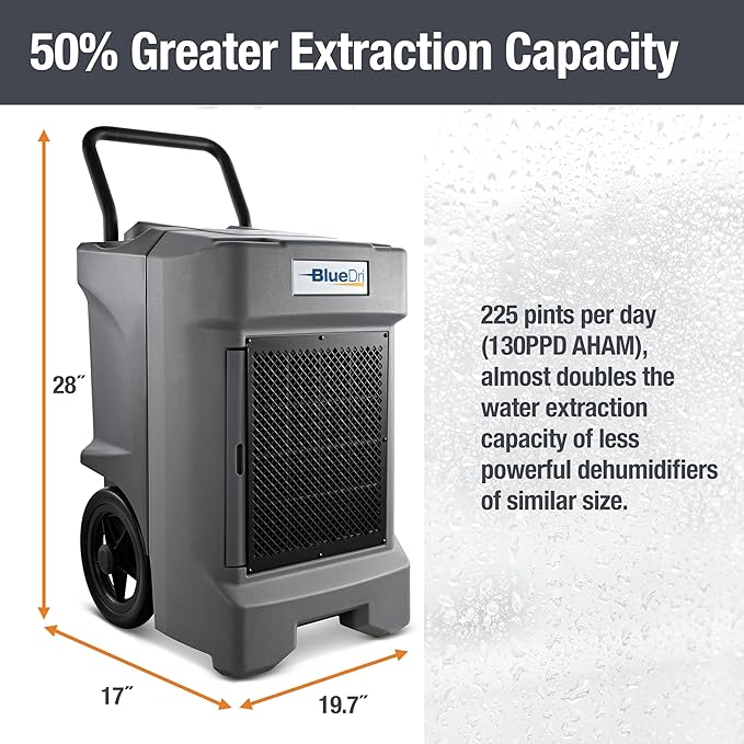BlueDri BD-130P 225PPD Industrial Water Damage Equipment Commercial Dehumidifier with Hose for Basements in Homes and Job Sites, Gray - Image 3