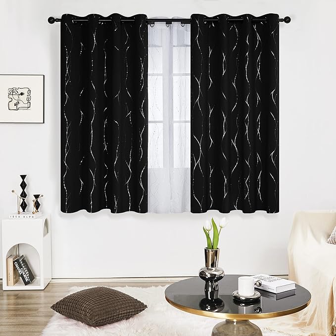 Deconovo Short Blackout Curtains, Black Drapes, Thermal Insulated Soundproof Grommet Curtain, Wave Line Dot Foil Print, 52 x 54 Inch, 2 Panels, Machine Washable Window Panel for Small Windows Kitchen - Image 2