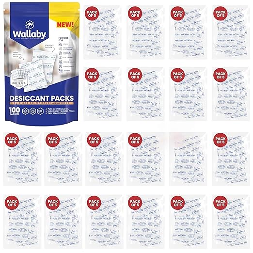 Wallaby 5 gram (100 Packets) Food Safe Pure White Silica Gel Desiccant Dehumidifier Packs - Rechargeable & Coated Moisture Absorbers - Protects Against Moisture Damage - (Packed in 20x Sets of 5) by WallabyGoods
