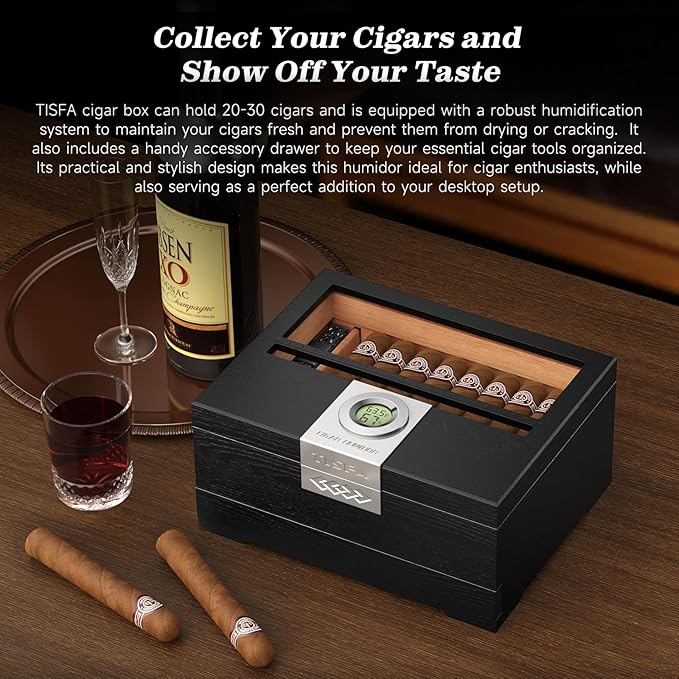 TISFA Cigar Humidor, Cedar Wood Desktop Humidor Box with Digital Hygrometer, Adjustable Humidifier, Accessory Drawer, Divider, Cigar Length Measurement, Glass Top Storage Holder Cigar Case (Black) - Image 9