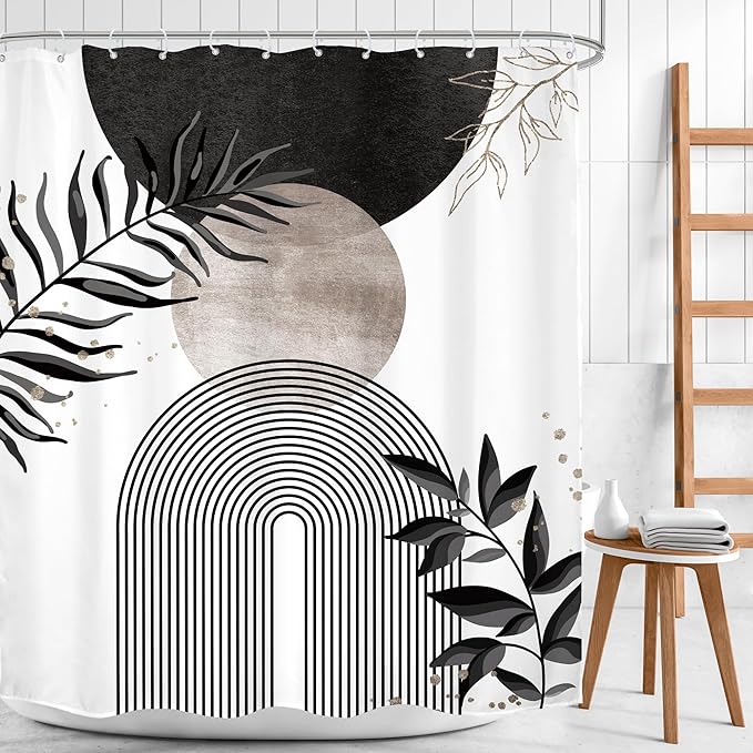 Black Grey Boho Shower Curtain 60Wx72H Bohemian Mid Century Modern Abstract Gray Gold Leaves Plant Minimalist Geometric Bathroom Decor Arch Neutral Bath Curtain Fabric Polyester 12 Pack Hooks - Image 2