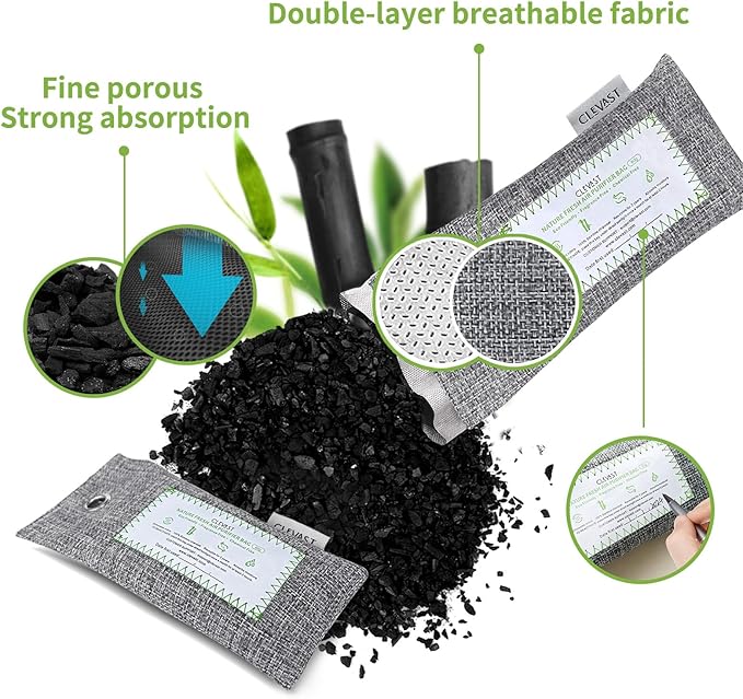CLEVAST 6 Pack Charcoal Air Purifying Bags(6x60g), Activated Bamboo Natural Fresh Odor Absorber, Deodorizer and Moisture Eliminator, Air Purifier Bags for Home, Closet, Shoes, Car Air freshener - Image 8