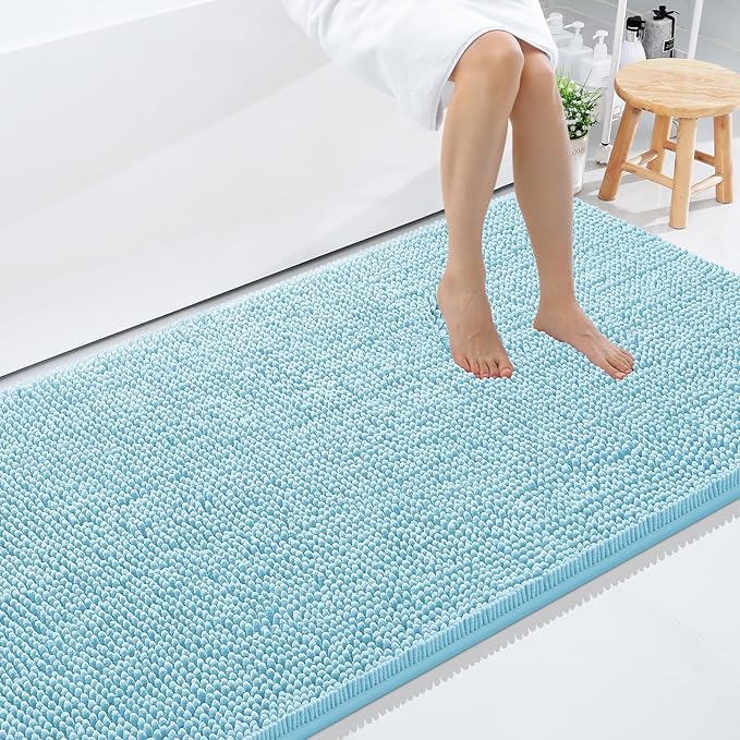 Smiry Luxury Chenille Bathroom Rugs 59x35, Extra Soft and Absorbent Shaggy Bath Mat, Machine Washable, Non-Slip Plush Carpet Runner for Tub, Shower, and Floor, Home Decor Accessories, Sky Blue by Smiry